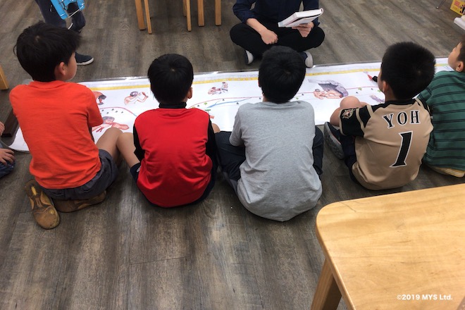 Taipei Utopia Montessori Elementary Schoolで先生から「人類の歴史」の話を聞く子どもたち