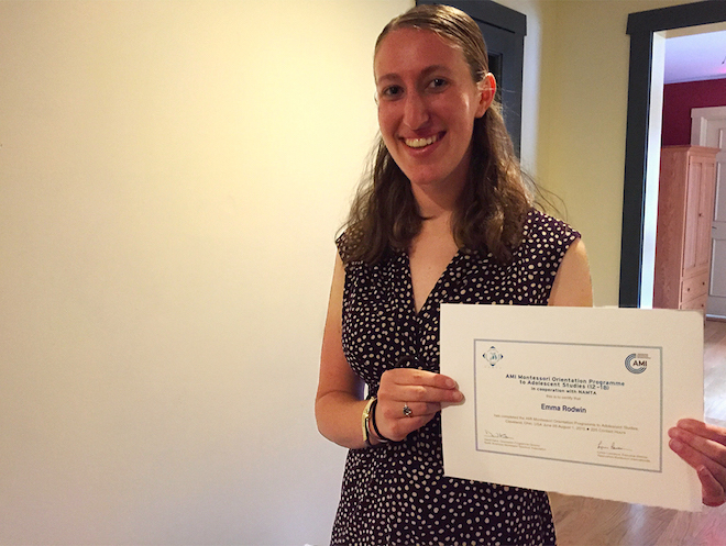 montessori teacher Emma with Certificate